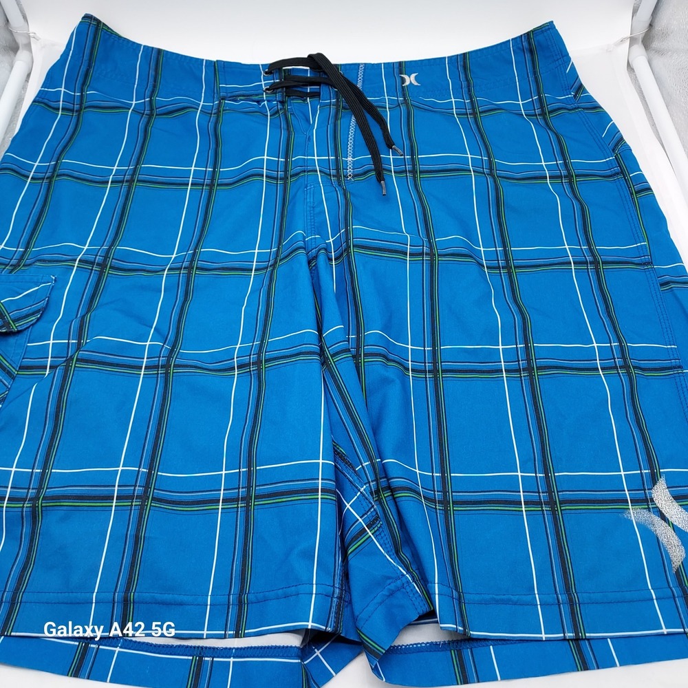 Hurley Phantom Board Shorts Mens Blue Plaid Swim Trunks Cargo Pocket‎ MB04PI2